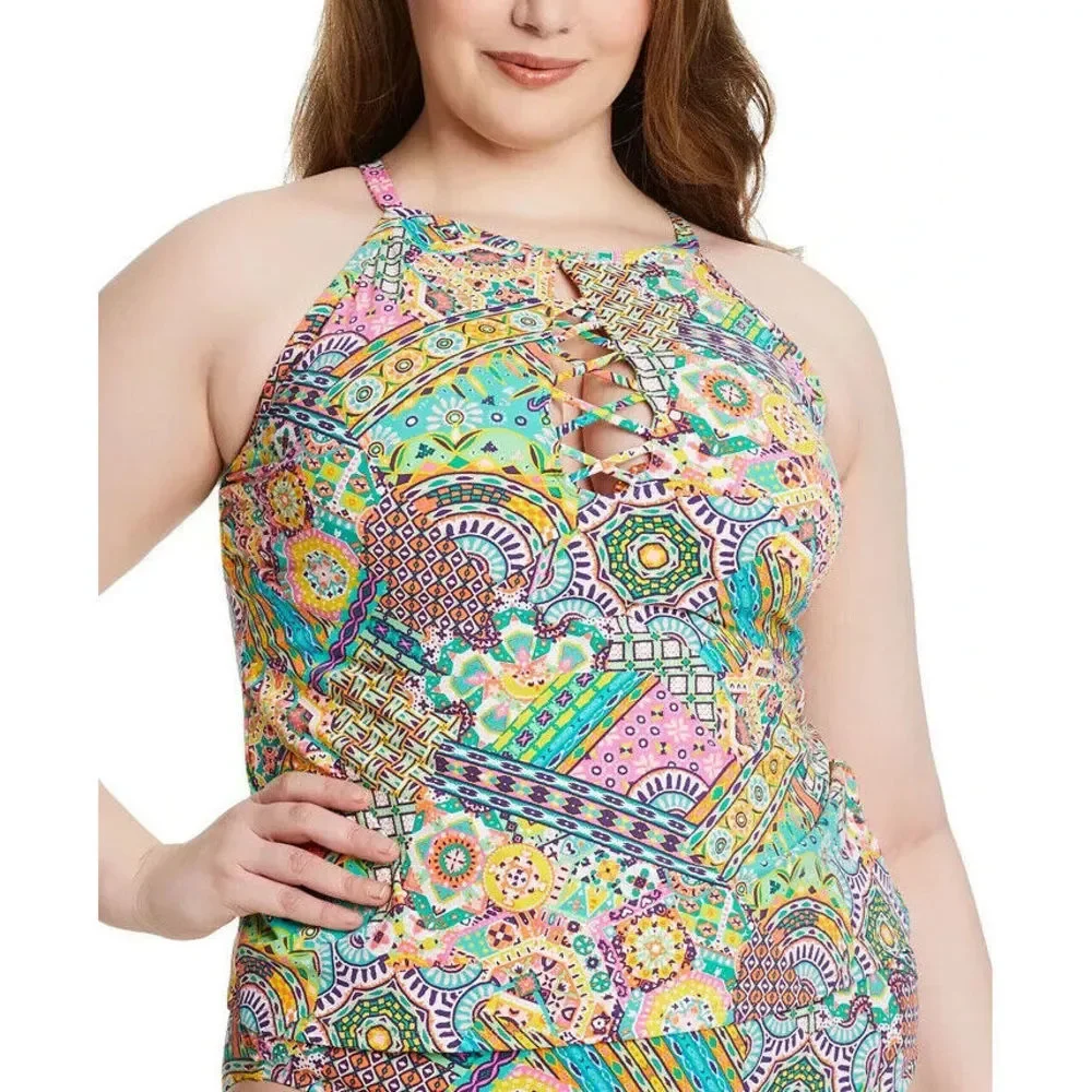 Bleu by Rod Beattie Plus Seriously Sunny Hi Neck Tankini Top 22W 22 W